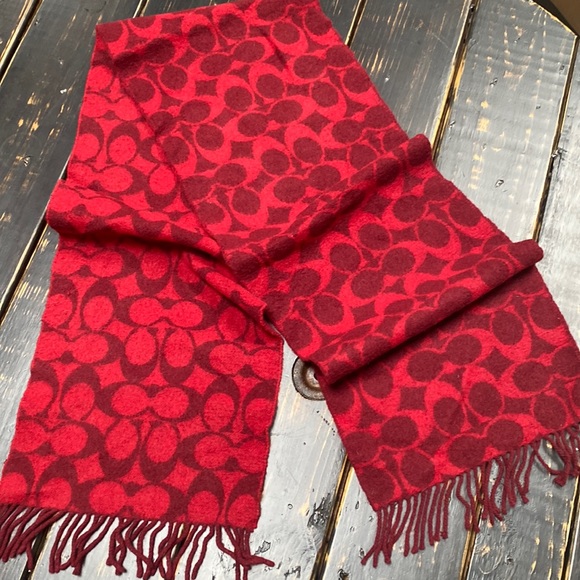 Coach Red on Red Signature Lambs Wool Scarf - Picture 3 of 9